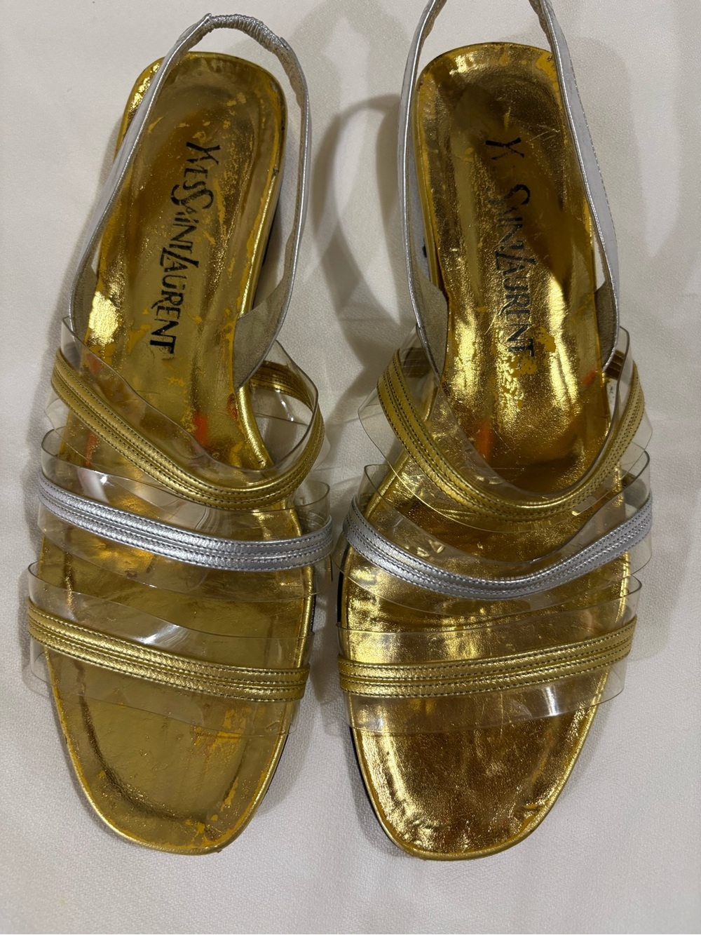 Yves Saint Laurent Gold Metallic and Silver Accent Clear-Strap Sandals